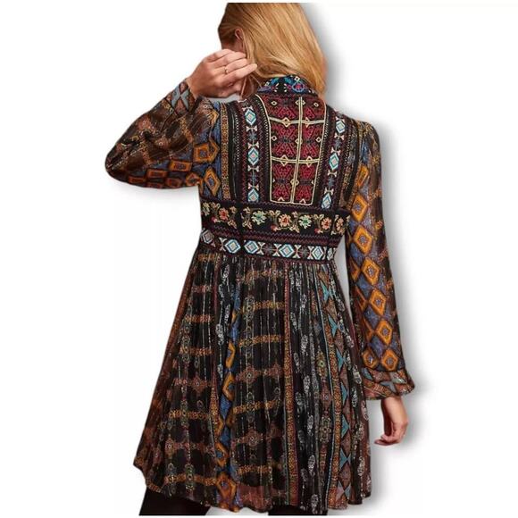 Anthropologie Akemi + Kin Sheria Metallic Embroidered Boho Dress Black Motif - Picture 2 of 10